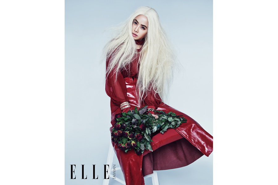 White and red: Jolin Tsai poses for fashion magazine