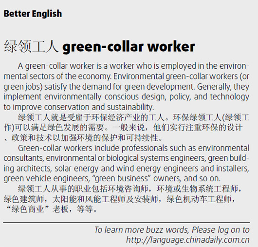 倍兒棒 Exceptionally good; 扁 beat;綠領(lǐng)工人 green-collar worker