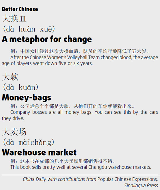 大換血 a metaphor for change; 大款 money-bags; 大賣場(chǎng) warehouse market
