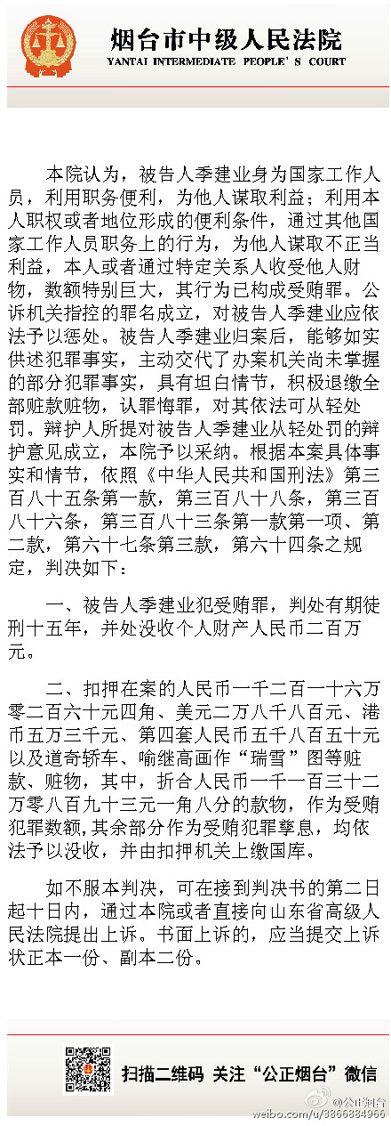 原南京市長季建業(yè)因受賄一審被判15年 當庭表示不上訴