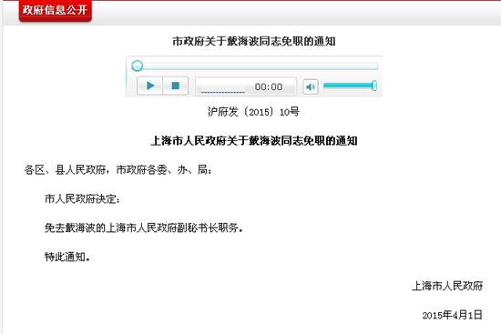 戴海波被免去上海市人民政府副秘書(shū)長(zhǎng)職務(wù)
