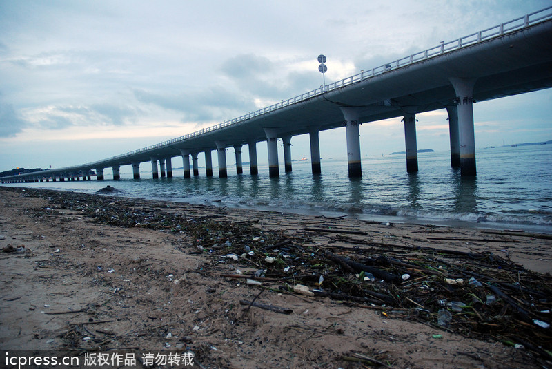 大批垃圾借臺風(fēng)蘇力“入侵”廈門 海灘變“垃圾場”