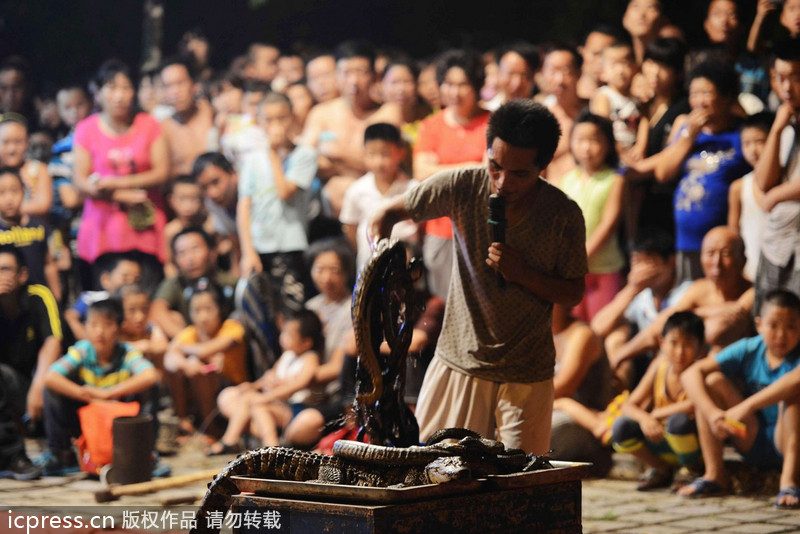 江湖雜技團借演出賣“靈藥” 稱“靈藥”中浸泡鱷魚、毒蛇等藥材