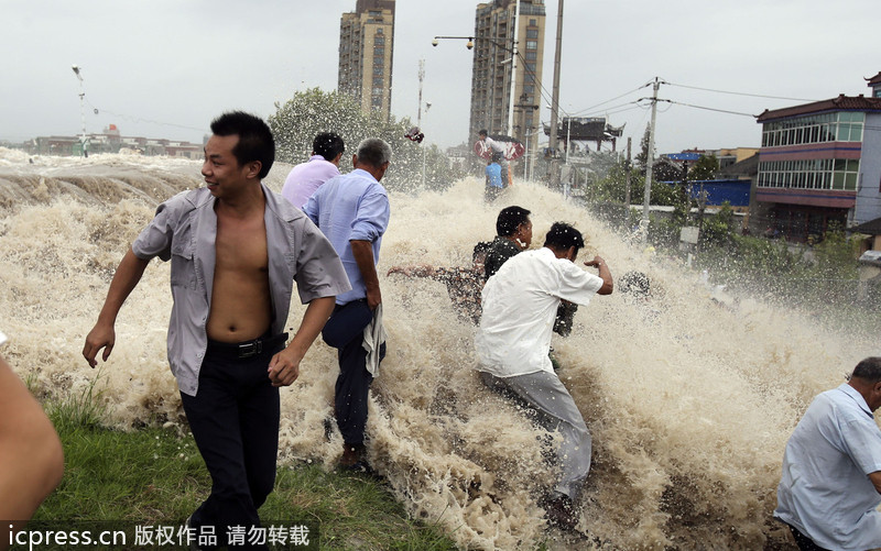 浙江海寧：高潮位達(dá)6.60米“回頭潮”席卷錢塘江鹽倉一帶 打翻數(shù)百名游客