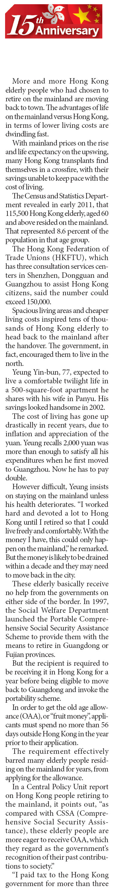 High living costs drive elderly back to Hong Kong