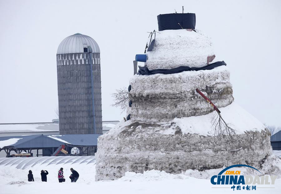 美國農(nóng)民堆出15米高雪人 引游客駐足留念