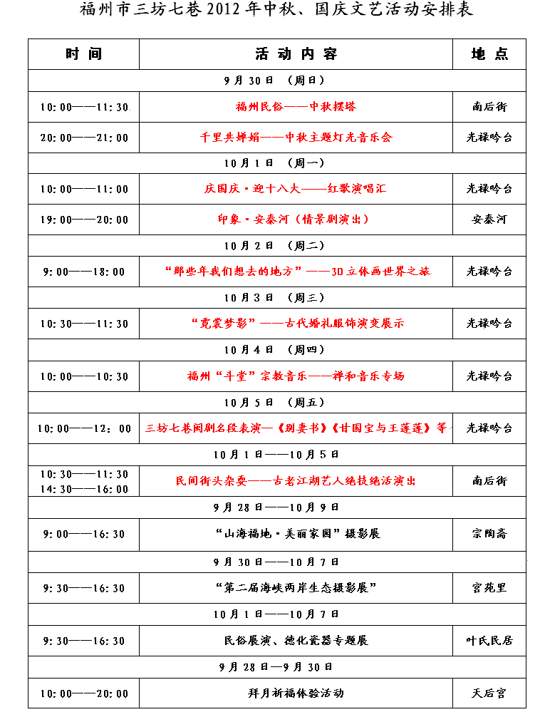福州市三坊七巷2012年中秋、國(guó)慶文藝活動(dòng)安排表