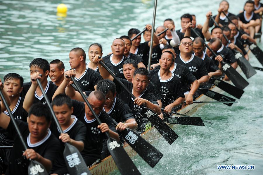 Training for dragon boat race held on Wuyang River in Guizhou