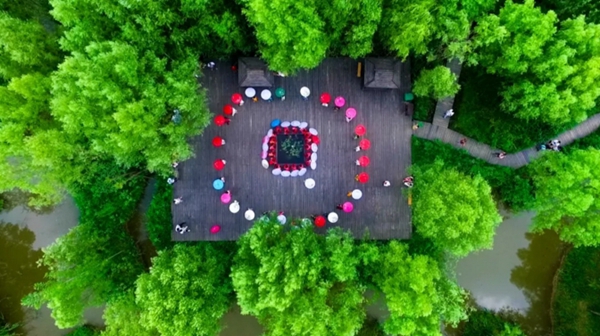 Qipao show adds color to Taierzhuang wetland park