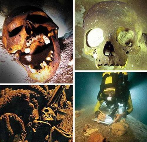沉船遺骸 探秘不為人知的海底墳?zāi)?/></p>

<p>　　上圖中這個恐怖的骷髏頭是海底考古學(xué)家在墨西哥附近海域，發(fā)現(xiàn)的被瑪雅人當(dāng)做祭品處死的人類遺骸，與它一起被發(fā)現(xiàn)的還有另外18具人類骸骨。左下角這張圖片中，一具幾乎完整的人類尸骨被發(fā)現(xiàn)躺在一艘沉船船頭附近的錨上。這艘船是La Belle號，于1686年在得克薩斯州附近海域沉沒。右下角是一具在墨西哥海底洞穴中發(fā)現(xiàn)的女性骷髏，她生活在距今1.36萬年前，是在美洲發(fā)現(xiàn)的年代最為久遠(yuǎn)的人類尸骨。</p>
</p>
</div>
</div>

<div   class=