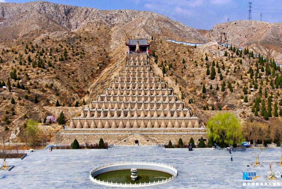 Aerial view of 108 ancient pagodas in Qingtongxia, NW China